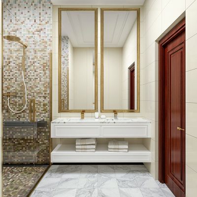 نمای سرویس بهداشتی اتاق نمونه هتل | شرکت معماری داخلی و دکوراسیون تهران دیزاین سنتر