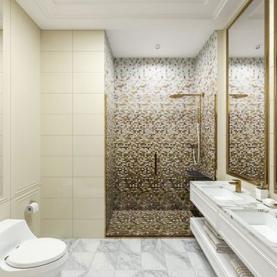 طراحی داخلی سرویس بهداشتی اتاق نمونه هتل | شرکت معماری داخلی و دکوراسیون تهران دیزاین سنتر