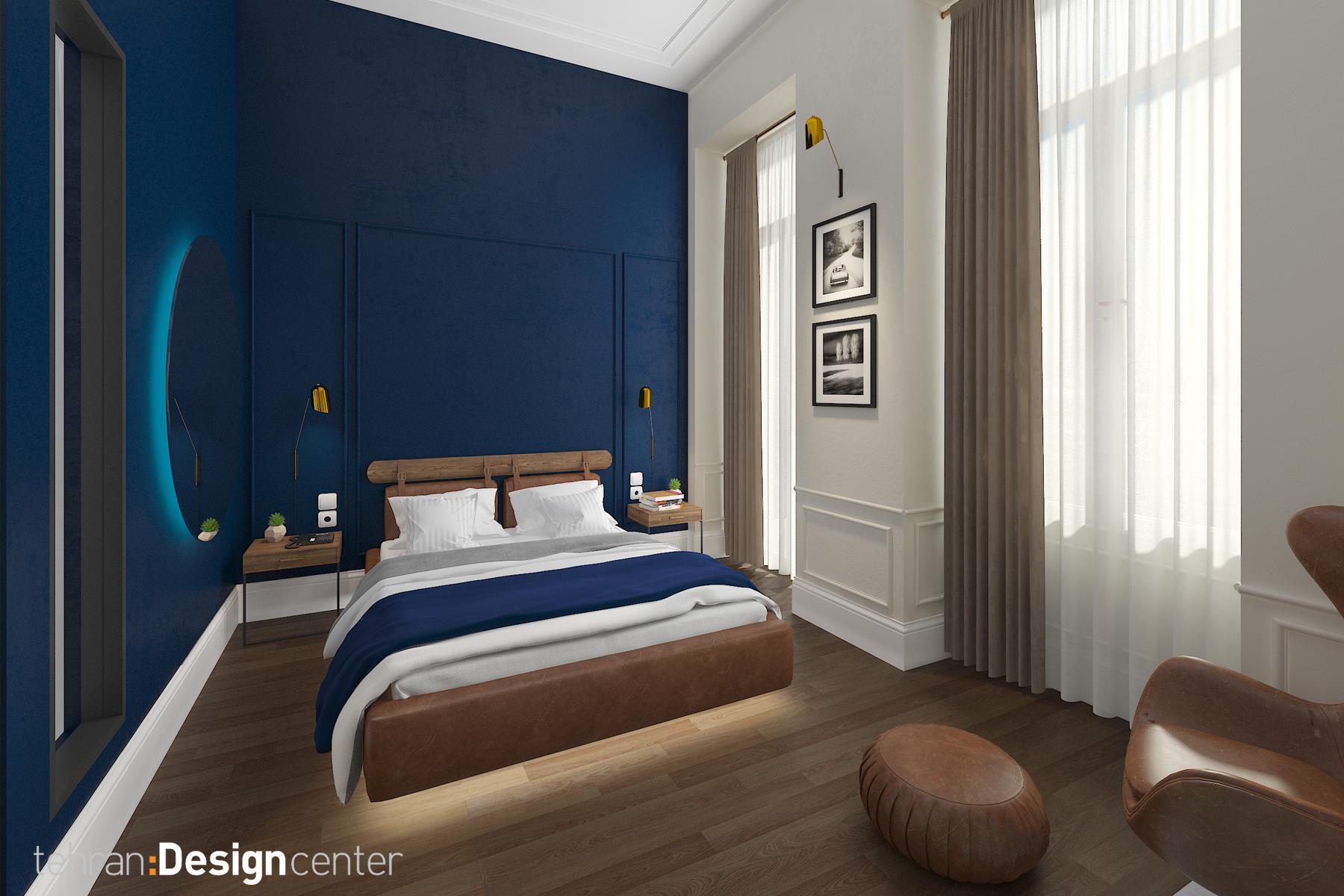 دکوراسیون اتاق خواب آبی رنگ هتل | شرکت معماری داخلی و دکوراسیون تهران دیزاین سنتر